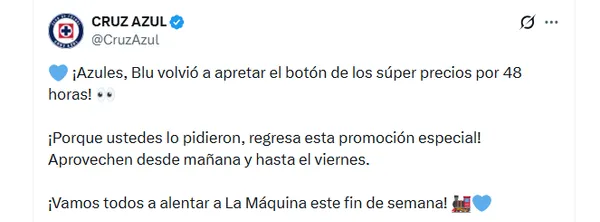 El posteo de Cruz Azul presentando el regreso de la Promo Blu.