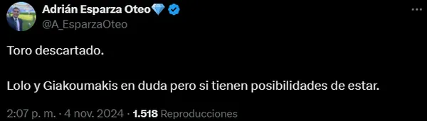 Adrián Esparza descartó al Toro y puso en duda a Faravelli y Giakoumakis. (@A_EsparzaOteo)