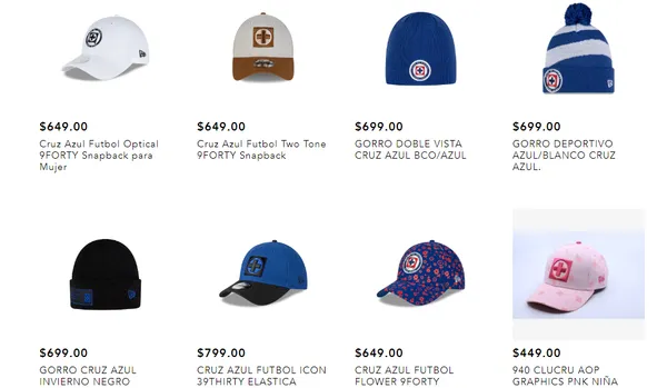 Algunos modelos disponibles en la tienda de Cruz Azul.
