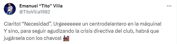 El mensaje de Tito Villa a Cruz Azul (Twitter)