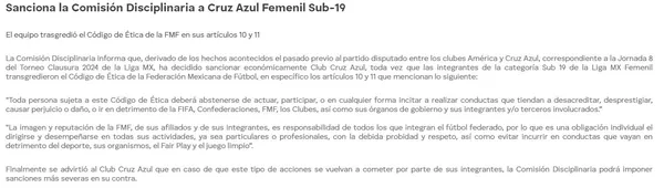 Sanción confirmada a las Sub-19 femenil de Cruz Azul