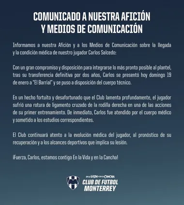 Monterrey anunció la lesión de Salcedo (@Rayados/X).