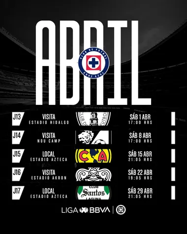 El calendario de Cruz Azul en abril. (Foto: Cruz Azul)