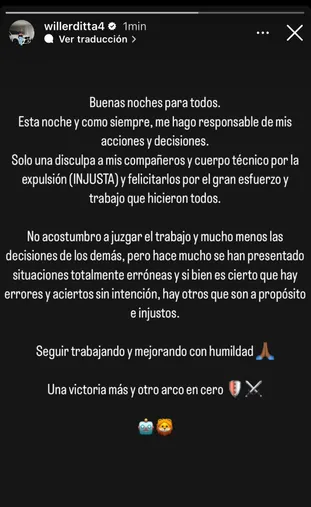 Mensaje de Willer Ditta en redes sociales
